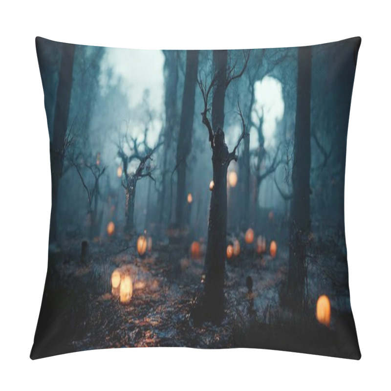 Personality  Realistic Haunted Forest Creepy Landscape At Night. Fantasy Halloween Forest Background. Surreal Mysterious Atmospheric Woods Design Backdrop. Digital Art. Pillow Covers