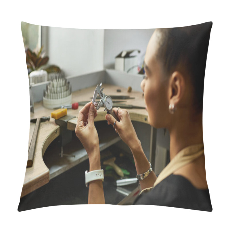 Personality  A Talented Individual Carefully Inspects Beautiful Jewels, Showcasing Expertise In Craftsmanship. Pillow Covers