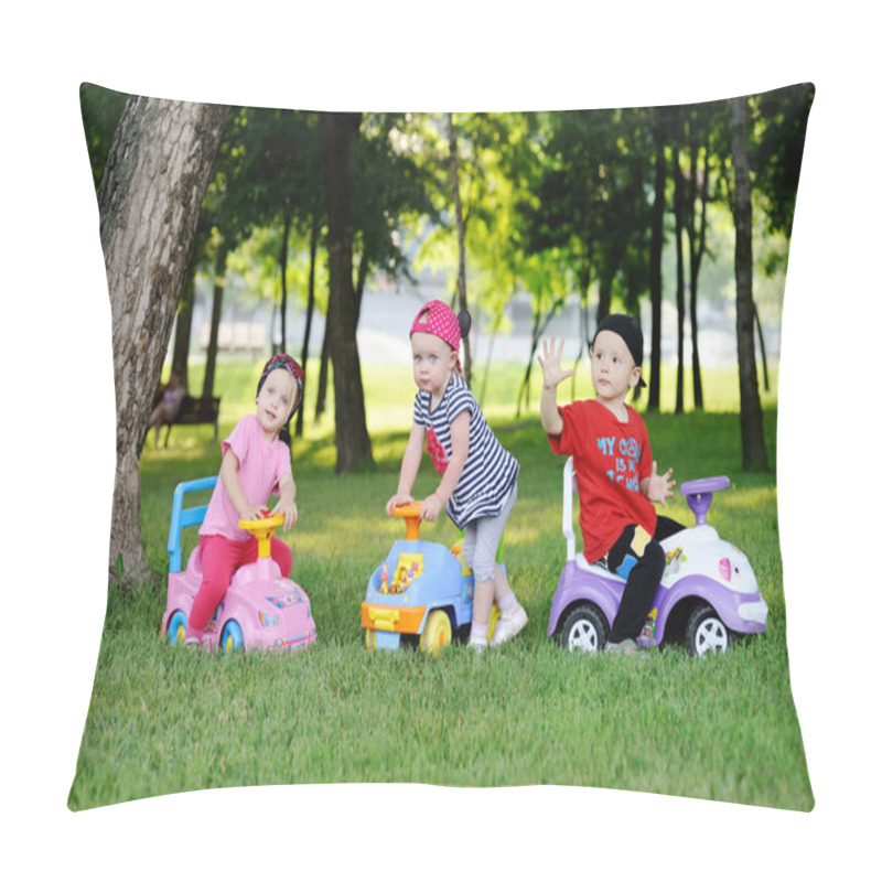 Personality  Little Boy And Two Little Girls Driving Toy Cars Pillow Covers