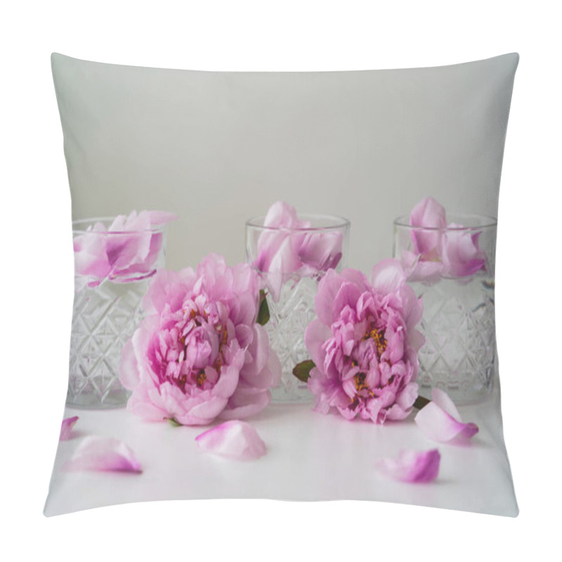 Personality  Floral Petals And Pink Peonies Near Glasses With Tonic On White Surface Isolated On Grey Pillow Covers