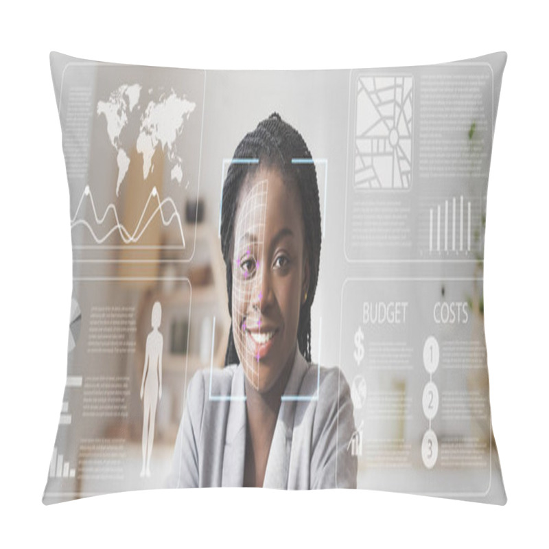 Personality  Face Scanning Of African American Businesswoman In Defocused Office With Double Exposure Of Information On Screen Pillow Covers