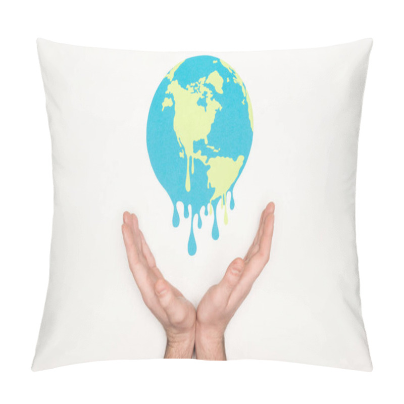 Personality  Cropped View Of Male Hands Under Paper Cut Melting Earth On White Background, Global Warming Concept Pillow Covers