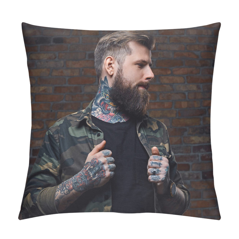 Personality  Tattooed Bearded Male In Military Jacket. Pillow Covers