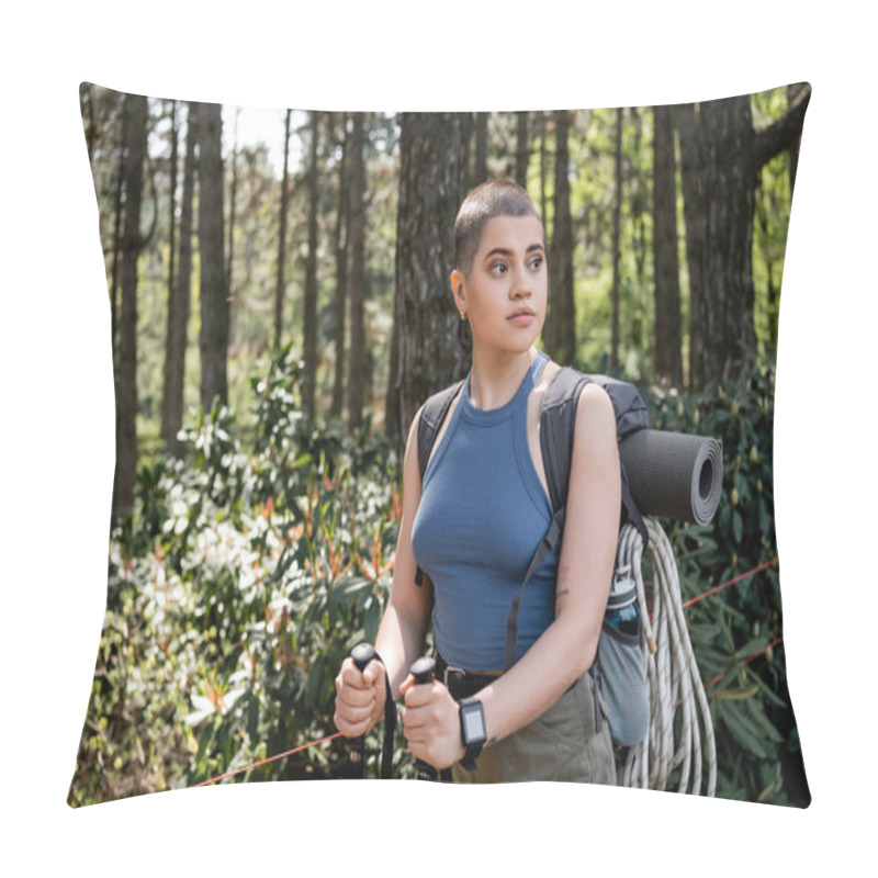 Personality  Young Short Haired Female Tourist With Backpack Holding Trekking Poles And Looking Away While Standing In Blurred Green Forest, Reconnecting With Yourself In Nature Concept, Summer Pillow Covers