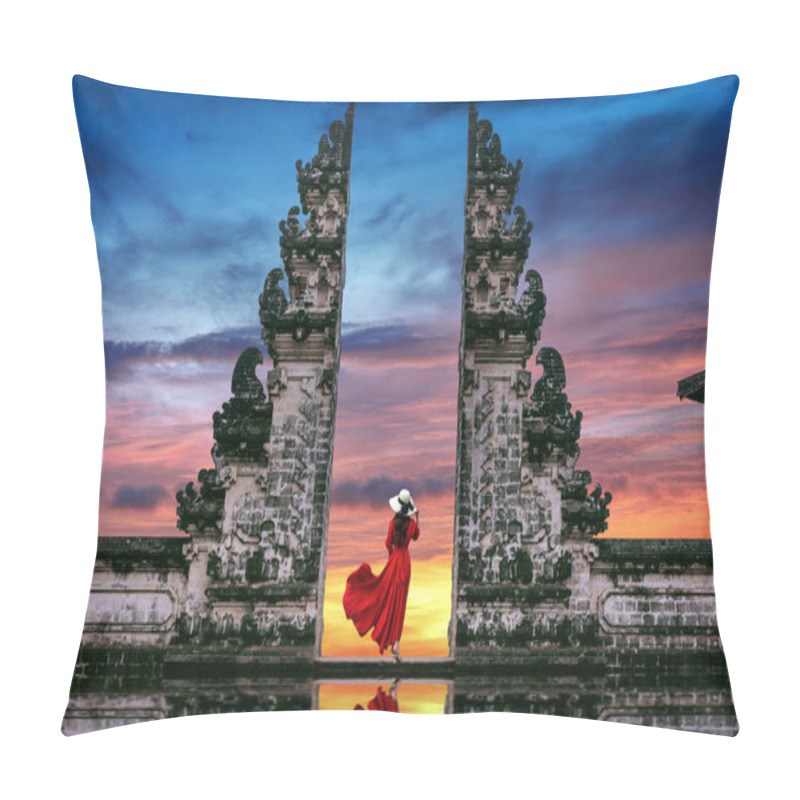 Personality  Young Woman Standing In Temple Gates At Lempuyang Luhur Temple In Bali, Indonesia. Pillow Covers