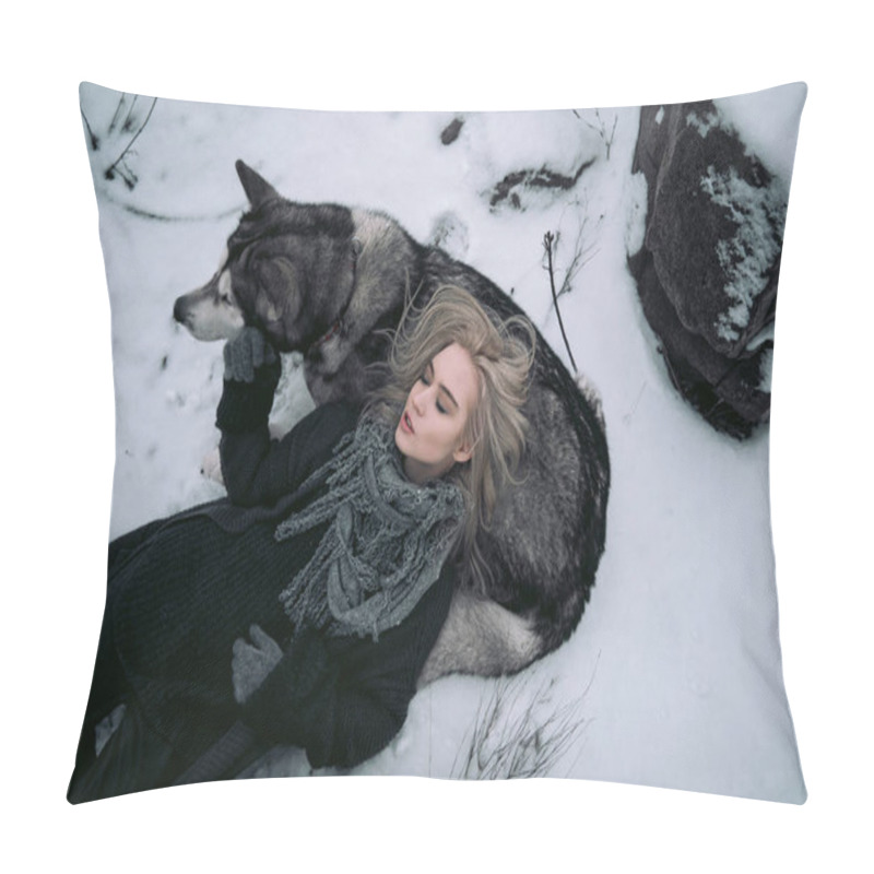 Personality  Girl With Big Malamute Dog On Winter Background.  Pillow Covers