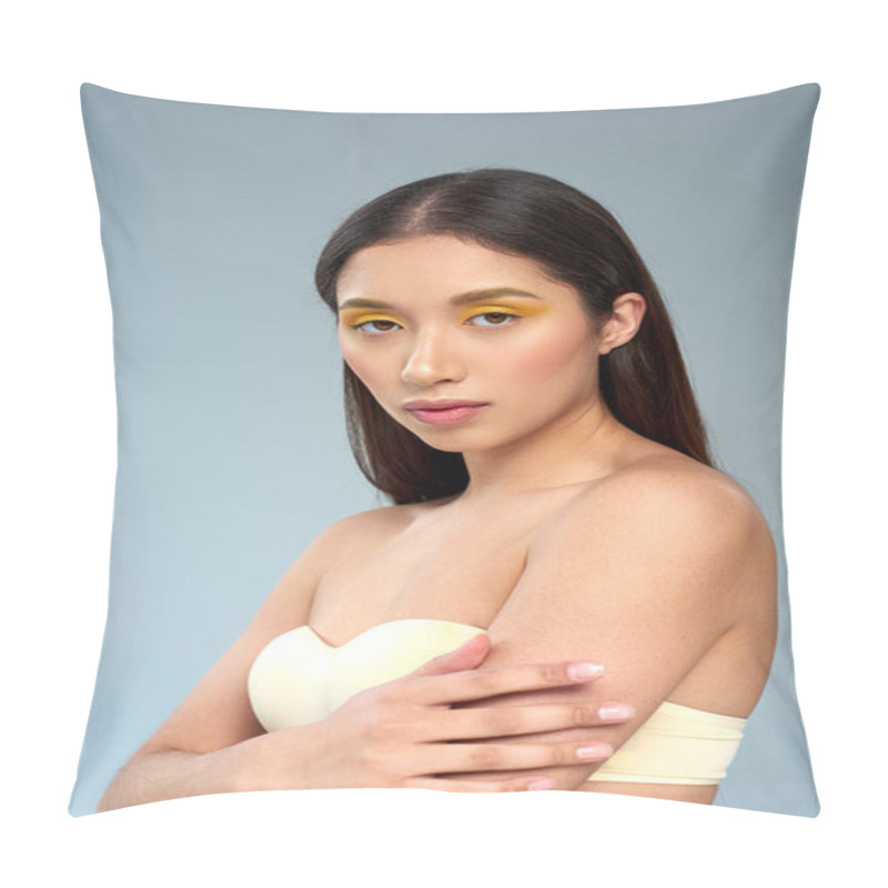 Personality  Beauty And Grace, Asian Model With Bold Makeup And Bare Shoulders Posing On Blue Backdrop Pillow Covers