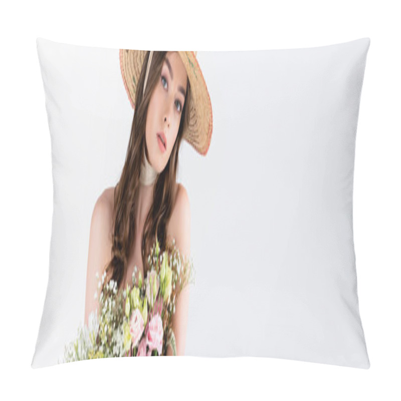 Personality  Young Model In Sun Hat With Naked Shoulders Looking At Camera Near Bouquet Isolated On Grey, Banner  Pillow Covers