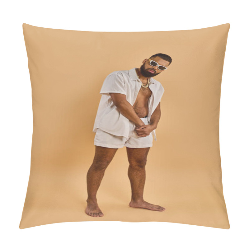 Personality  A Bearded Man With A White Shirt And Shorts Walks Confidently, Exuding A Sense Of Casual Elegance And Free-spirited Charm. Pillow Covers