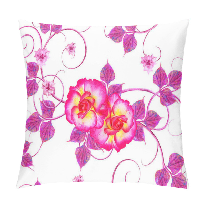 Personality  Violet, Pink Flowers With A Paisley Element, Delicate Curls, Bright Leaves, Inflorescences Of Berries. Floral Seamless Pattern. Pillow Covers