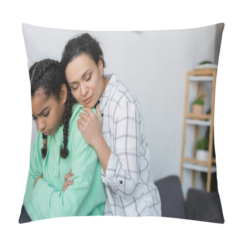 Personality  African American Woman Embracing Upset Teenage Daughter Standing With Crossed Arms Pillow Covers