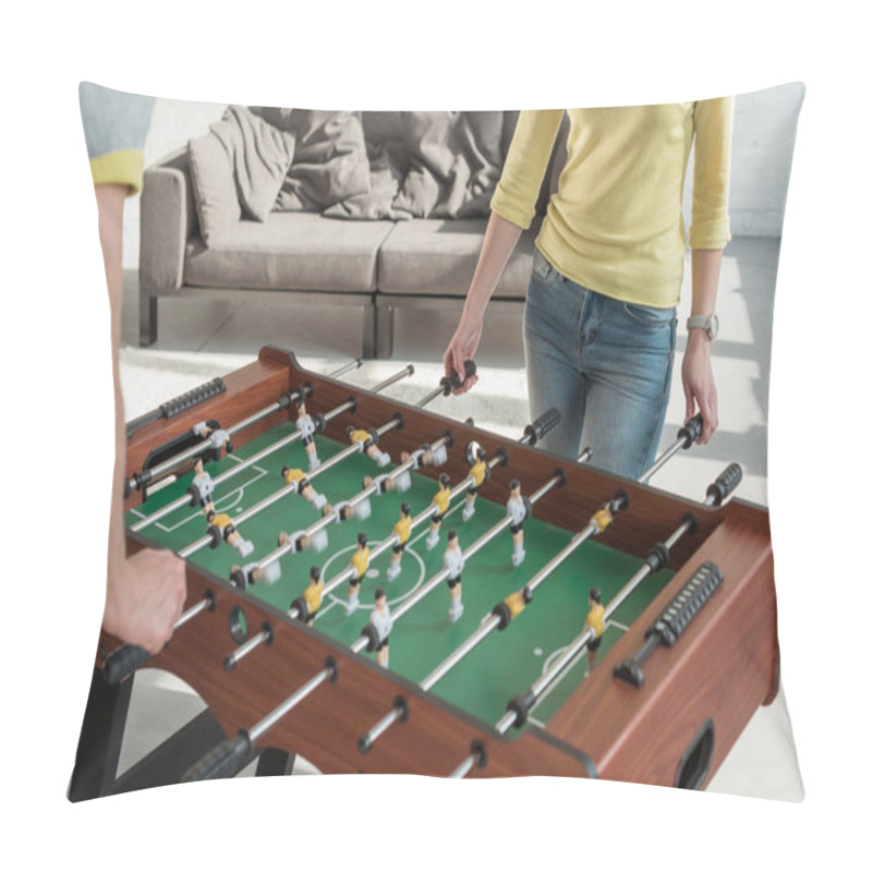 Personality  Cropped Image Of Couple Playing Table Football At Home Pillow Covers