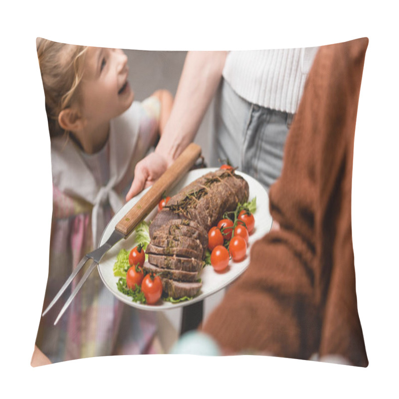 Personality  Woman Holding Plate With Meat And Fresh Vegetables Near Excited Daughter Pillow Covers