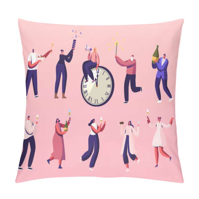 Personality  Characters Celebrate New Year Having Fun, Drinking Champagne, Eating Meals And Shoot With Flappers At At Chiming Clock Pillow Covers