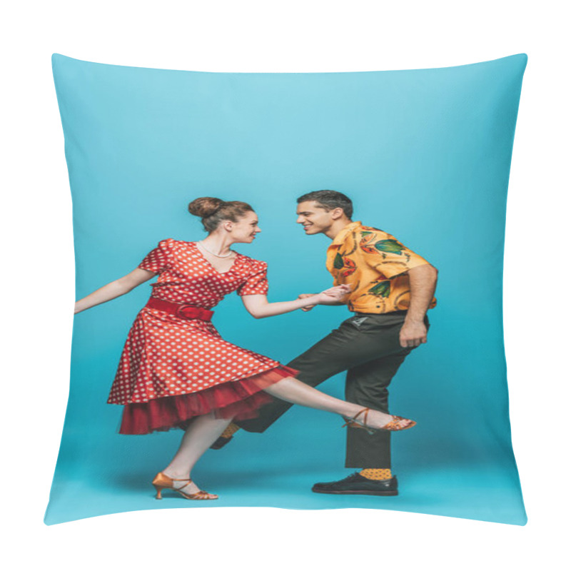 Personality  Smiling Dancers Looking At Each Other While Dancing Boogie-woogie On Blue Background Pillow Covers