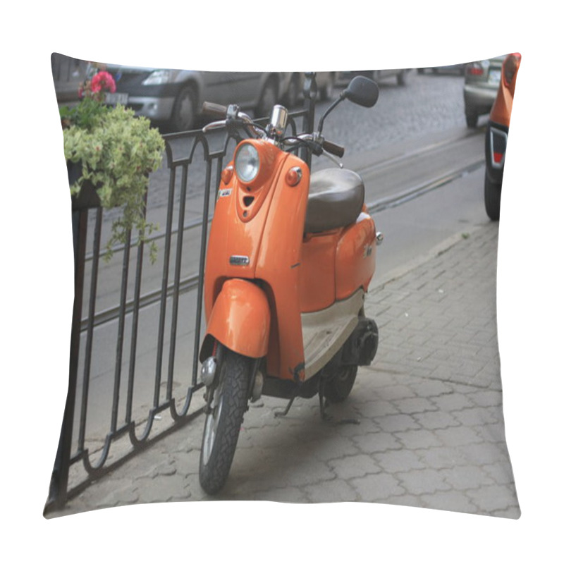 Personality  Vintage Orange Scooter Parked On Cobblestone Street In Old Town  Retro Vibes And Charming Flower Pot On Fence Pillow Covers