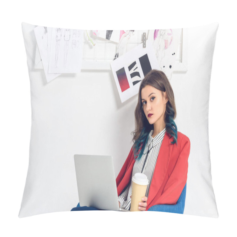 Personality  Attractive Young Girl Working On Laptop And Holding Coffee Cup Pillow Covers