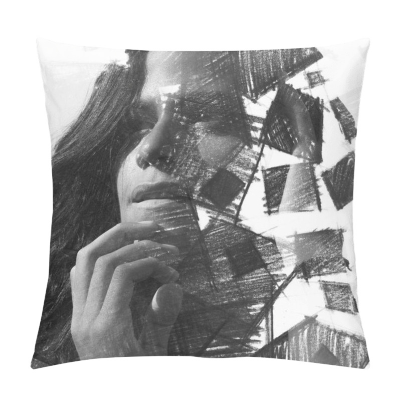 Personality  Hand Drawn Squares Surround Her Face, Creating An Impressive Visual Effect Of Her Dissolution Pillow Covers