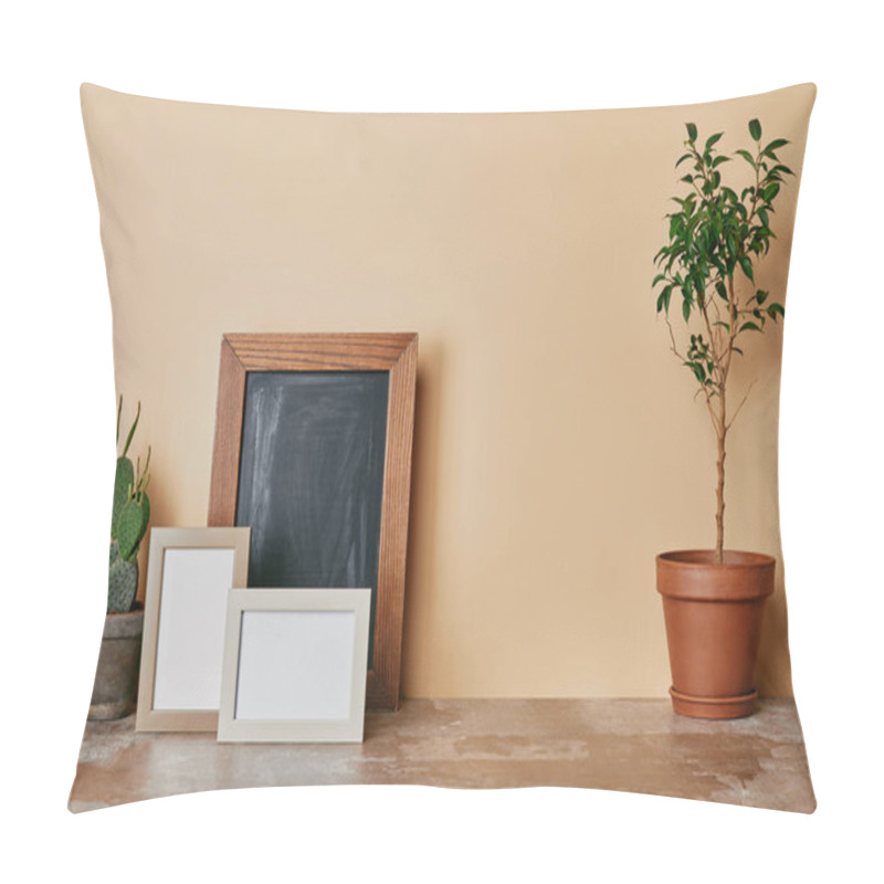 Personality  Plants And Photo Frames On Dusty Table On Beige Background Pillow Covers