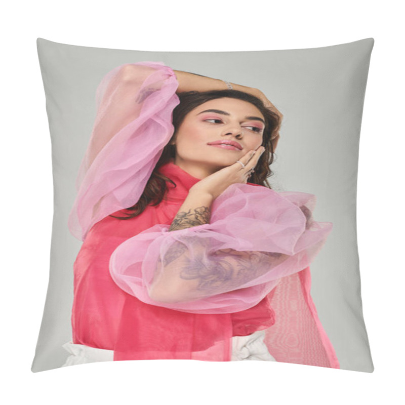 Personality  Beautiful Woman Showcases A Confident Pose While Dressed In Fashionable Attire. Pillow Covers