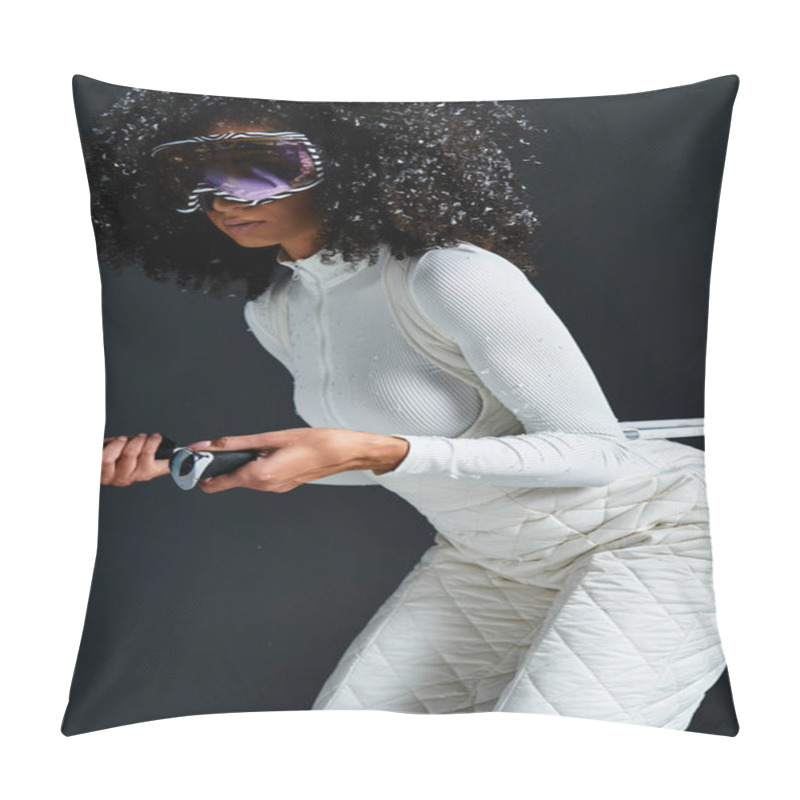 Personality  A Beautiful Brunette Woman In A Chic Ski Suit Poses Confidently In A Studio, Highlighting Winter Fashion Trends. Pillow Covers