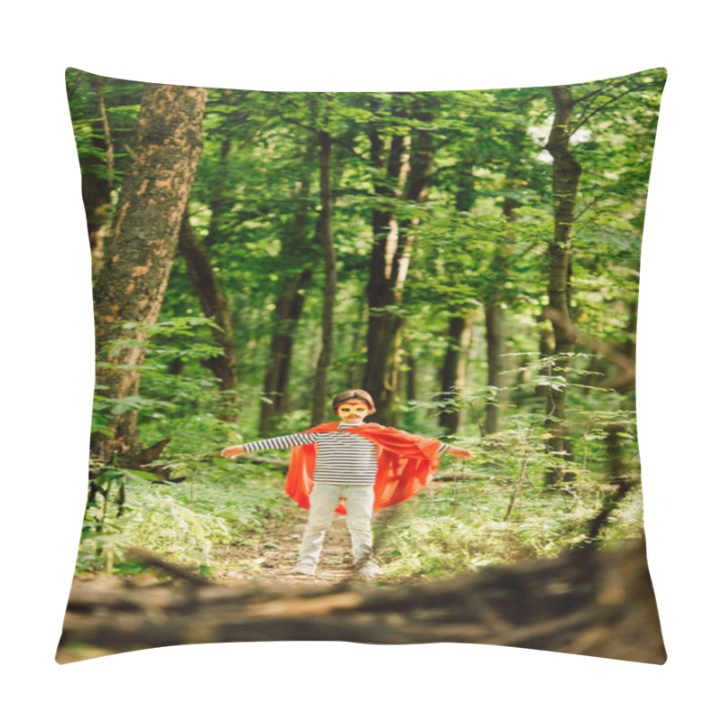 Personality  Selective Focus Of Small Boy In Superhero Costume And Mask Standing In Forest  Pillow Covers