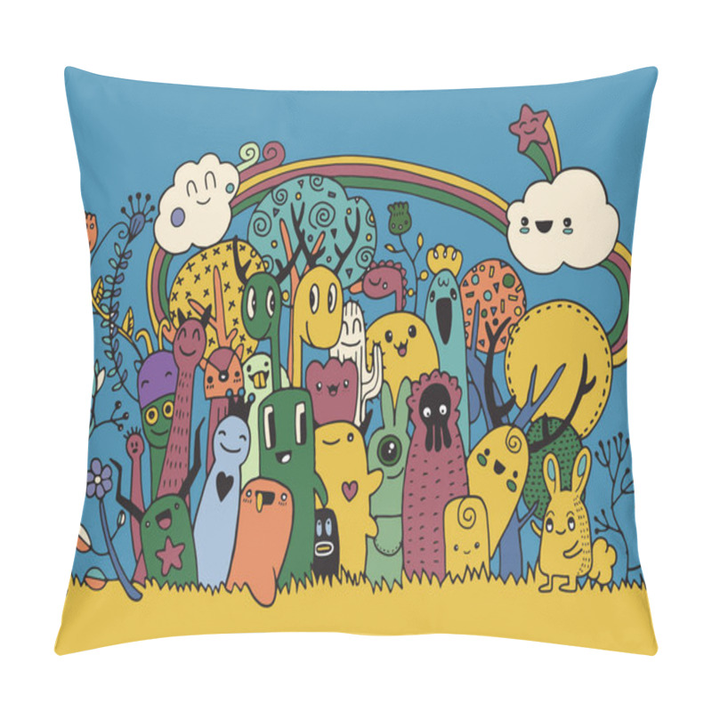 Personality  Hipster Hand Drawn Crazy Doodle Monster City,drawing Style.Vecto Pillow Covers