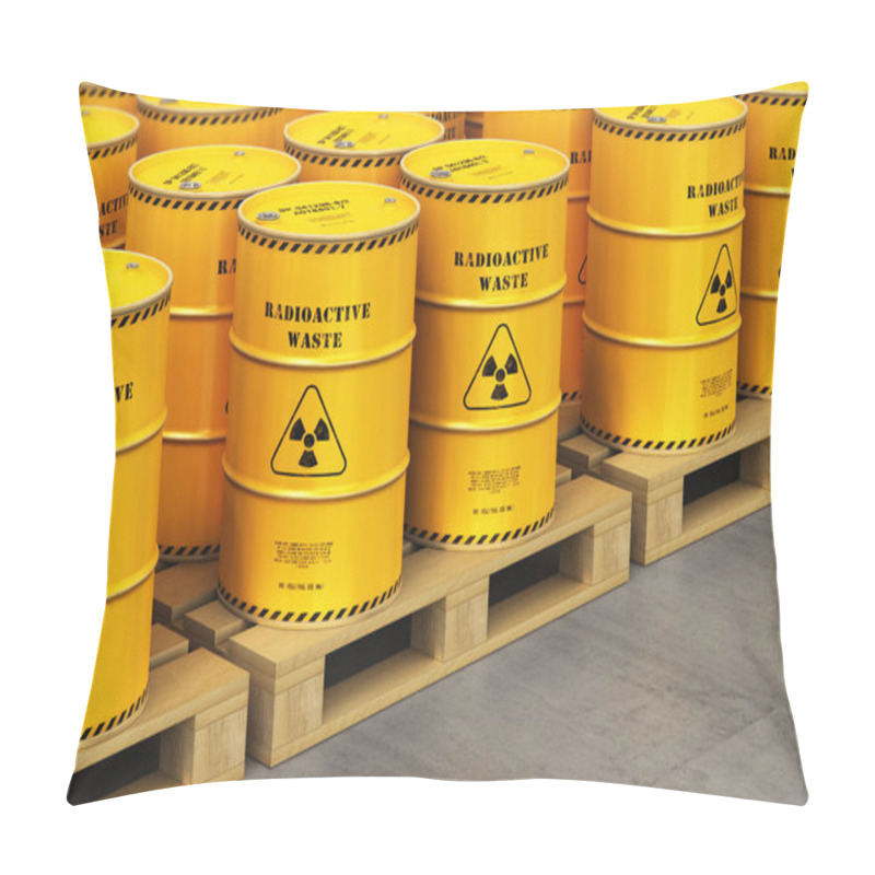 Personality  Creative Abstract Nuclear Power Fuel Manufacturing, Disposal And Utilization Industry Concept: 3D Render Illustration Of The Group Of Yellow Metal Barrels, Drums Or Containers With Poison Dangerous Hazardous Radioactive Materials On Wooden Shipping P Pillow Covers