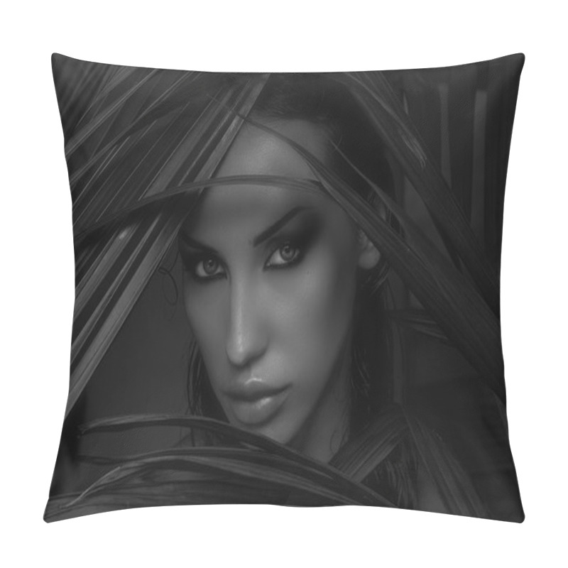 Personality  Sexy Beautiful Woman Hiding Behind The Palm Leaves. Beautiful St Pillow Covers