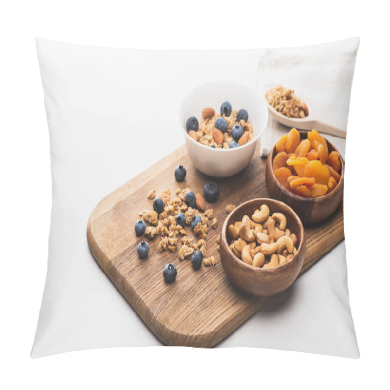 Personality  Delicious Granola With Nuts,dried Apricots And Blueberry On Wooden Board On White Background Pillow Covers