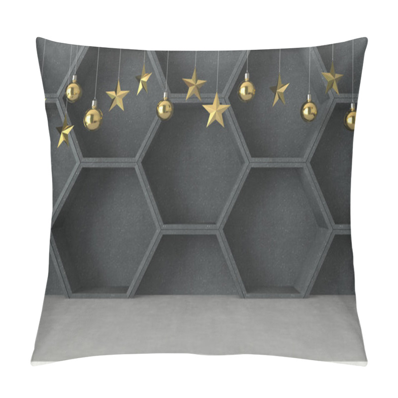 Personality  Hanging Golden Balls And Stars Ornaments On Hexagons Background. For New Year Or Christmas Theme. 3D Rendering. Pillow Covers