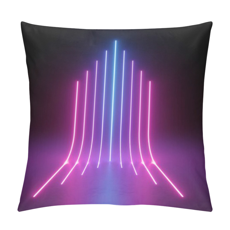 Personality  3d Render, Abstract Vertical Neon Lines Glowing In The Dark. Laser Rays Virtual Performance On The Stage. Minimal Geometric Design. Pillow Covers