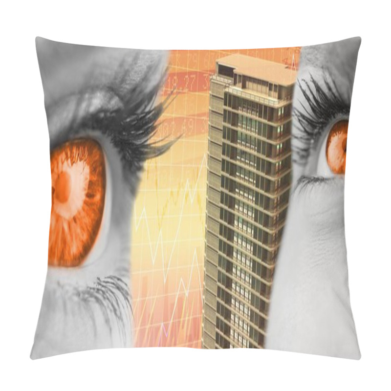 Personality  Digital Composite Of Orange Eyes And Tall Buildings With Economic Finance Background Pillow Covers