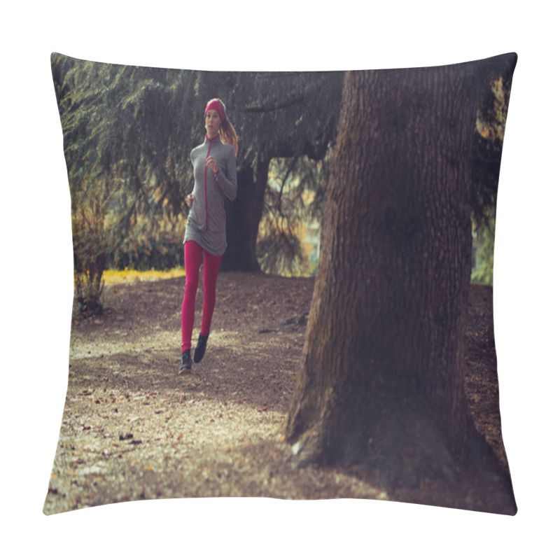 Personality  Young Beautiful Caucasian Woman Jogging Workout Training. Autumn Running Fitness Girl In City Urban Park Environment With Fall Trees Orange. Sunset Or Sunrise Warm Light. Sport Activity In Cold Season Pillow Covers