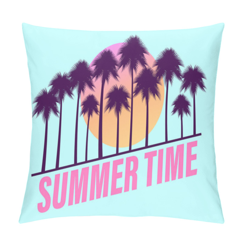 Personality  Summer Time. Palm Trees Against A Gradient Sun In The Style Of The 80s. Diagonal Text On A Blue Background. Design For Advertising Brochures, Banners, Posters, Travel Agencies. Vector Illustration Pillow Covers