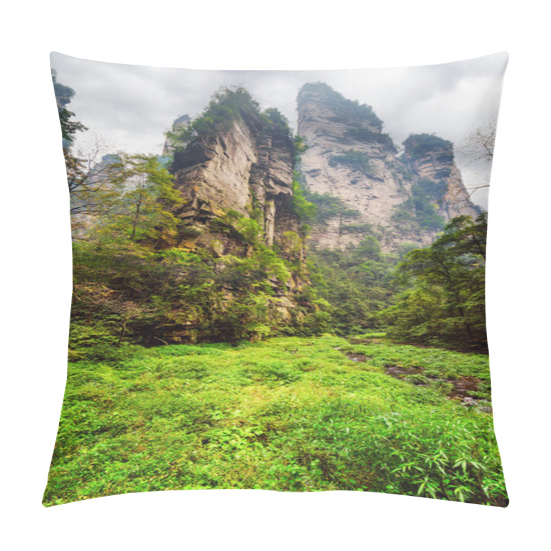 Personality  Bottom View Of Fantastic Rocks Among Green Woods And Creeks Pillow Covers