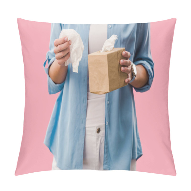 Personality  Cropped View Of Woman With Paper Napkins, Isolated On Pink Pillow Covers