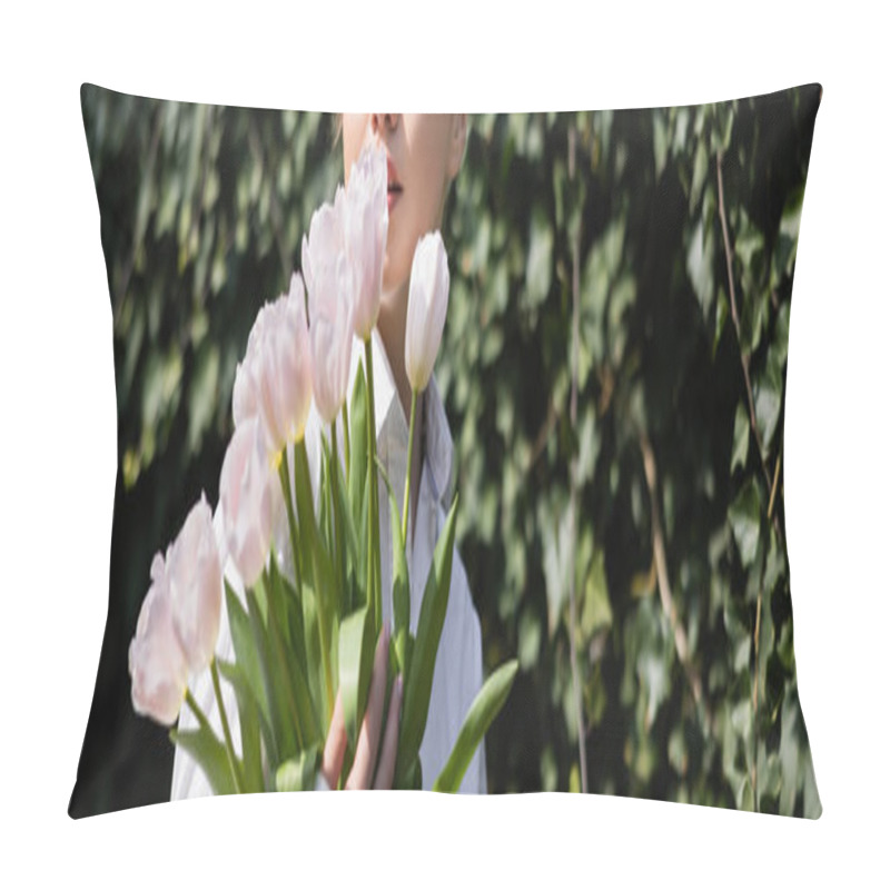 Personality  Partial View Of Woman With Bouquet Of Tulips Near Blurred Green Plants, Banner Pillow Covers