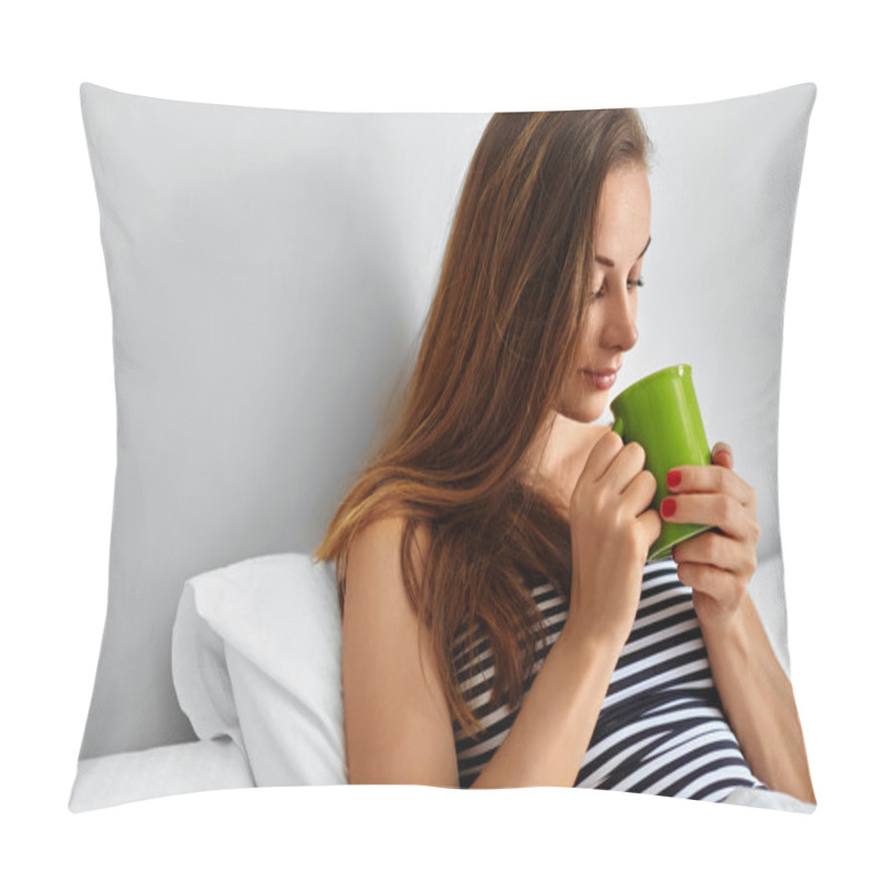 Personality  Drink Morning Tea. Woman Drinking Beverage In Bed. Healthy Lifestyle Pillow Covers