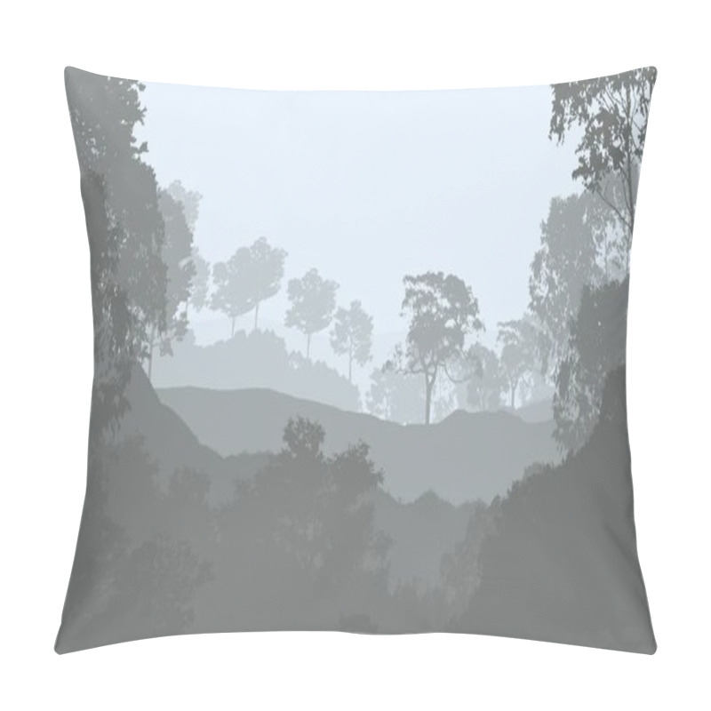 Personality  Abstract Backdrop With Misty Hills With Trees In Fog And Forest Haze. Pillow Covers