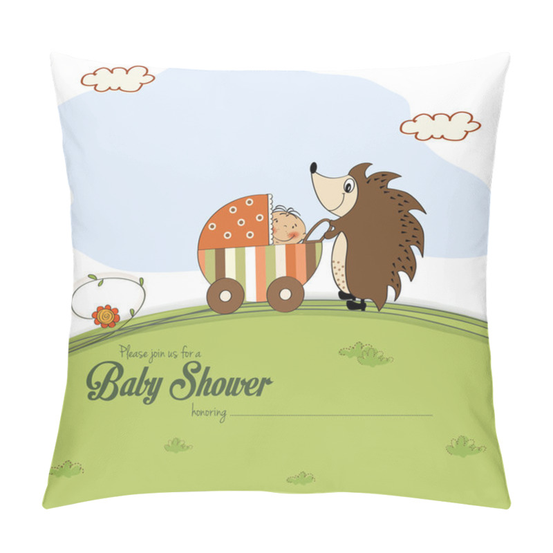 Personality  Baby Shower Card With A Hedgehog That Pushes A Stroller With Bab Pillow Covers