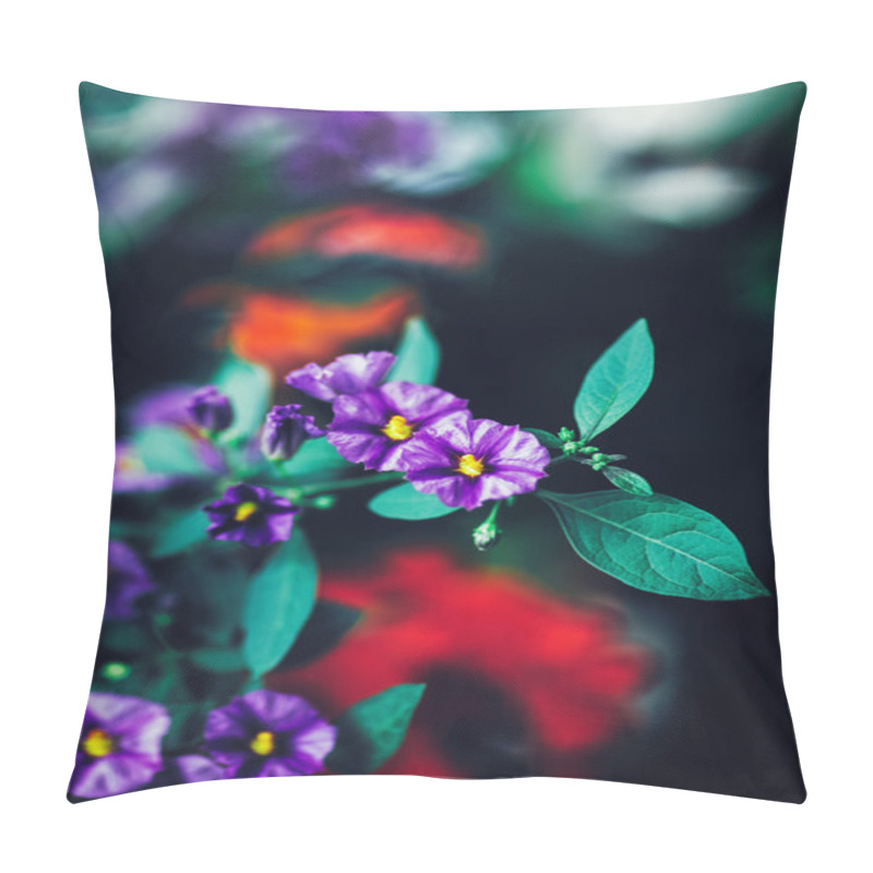 Personality  Beautiful Fairy Dreamy Magic Purple Red Flowers With Dark Green Blue Leaves, Blurry Background, Toned With Instagram Filters In Retro Vintage Color Style, Soft Selective Focus, Shallow Depth Of Field Pillow Covers