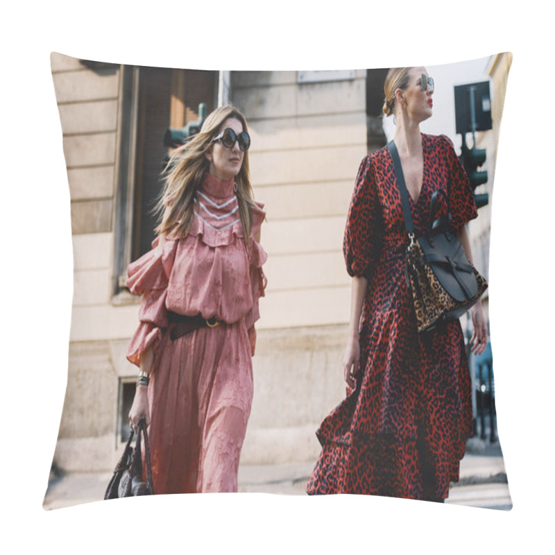 Personality  September 20, 2018: Milan, Italy -  Fashion Influencers With Stylish Outfits - Street Style Concept - MFWSS19 Pillow Covers