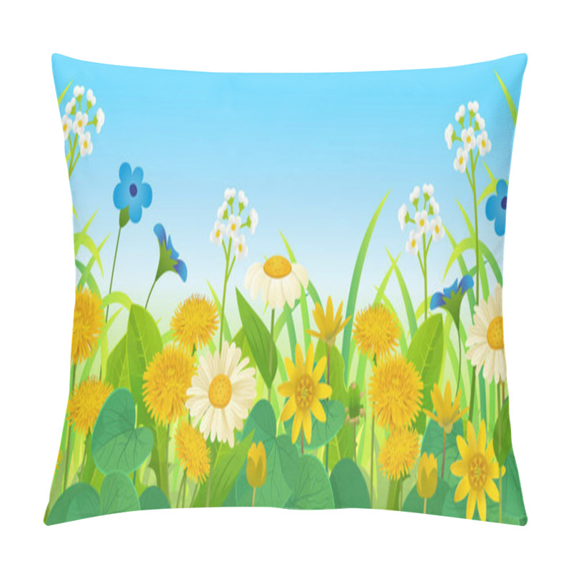 Personality   Summer Landscape Of Field With Dandelions, Buttercups, Wild Strawberries And Wildflowers Blue Sky Background. Vector Illustration In Cartoon Style Pillow Covers