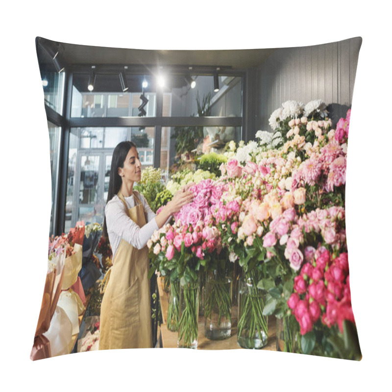 Personality  A Talented Florist Arranges Beautiful Bouquets Among Fresh Blooms In Her Shop. Pillow Covers