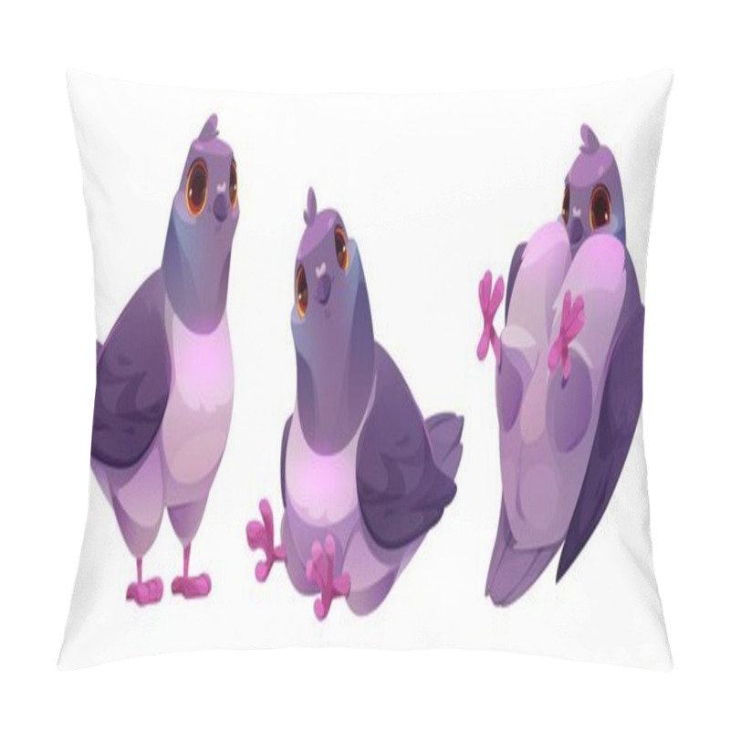 Personality  Cute Pigeon Cartoon Character With Smiling Face Emotion In Different Poses. Vector Illustration Set Of Funny Wild Dove Standing, Sitting And Laying On Back. Collection Of Bird Mascot With Blue Wings. Pillow Covers