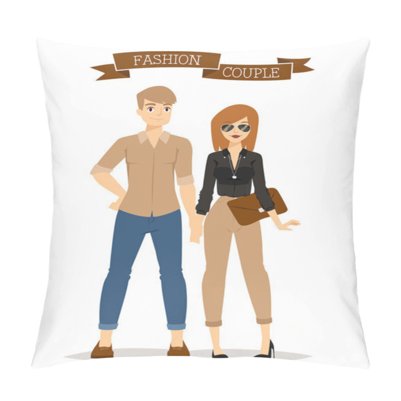 Personality  Beautiful Vector Cartoon Couple Fashion Clothes Models Look Standing Over White Background Pillow Covers