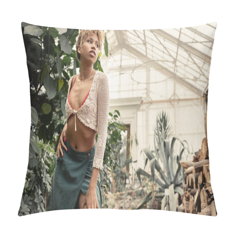 Personality  Fashionable Young African American Woman In Summer Outfit Touching Hip And Looking Away While Standing In Blurred Garden Center, Stylish Woman With Tropical Backdrop Pillow Covers