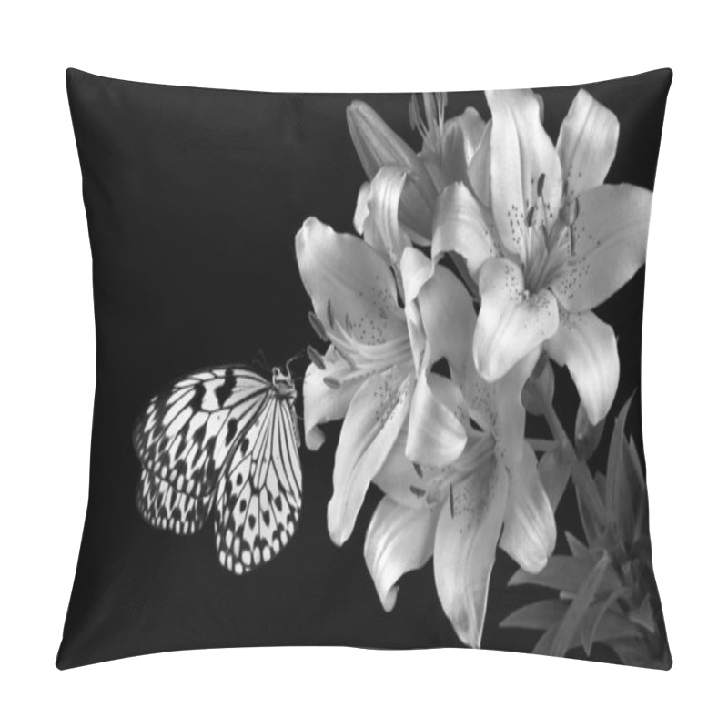 Personality  Bright Tropical Butterfly On White Lily Flowers Isolated On Black. Rice Paper Butterfly. Large Tree Nymph. White Nymph Butterfly. Pillow Covers