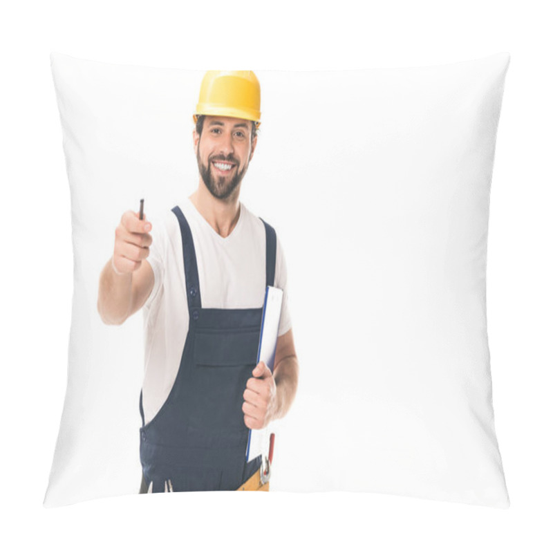 Personality  Handsome Construction Worker In Hard Hat Holding Clipboard And Smiling At Camera Isolated On White Pillow Covers